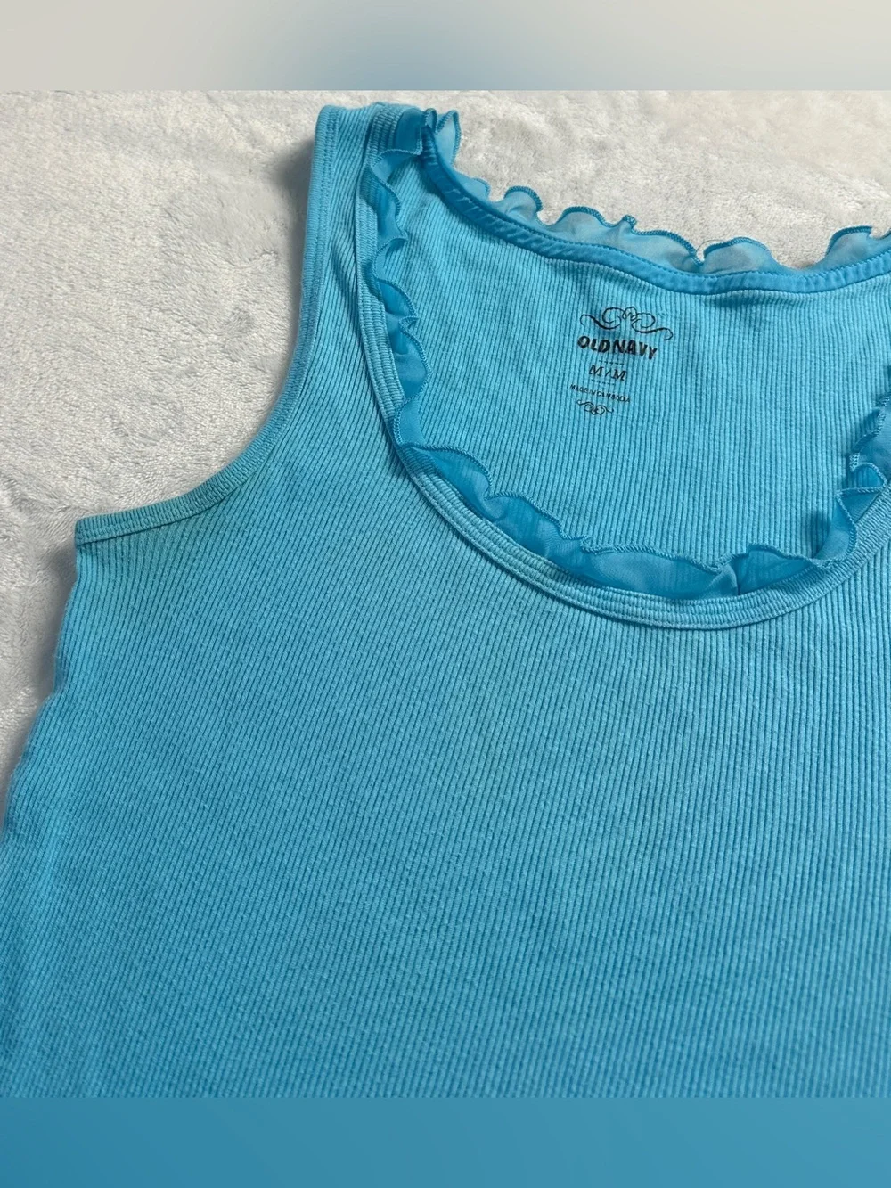 Y2K OLD NAVY women's blue frilly trim ribbed tank, M. - Picture 4 of 5
